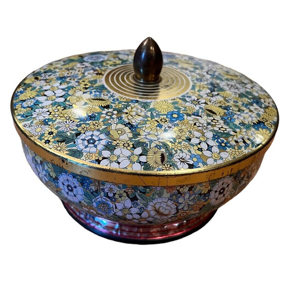 Aqua & Yellow Covered Tin Bowl w/ Handled Lid DESIGNED BY DANER COLORFUL FLORAL - Picture 1 of 6